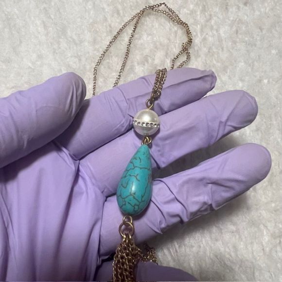 Long Gold Tone Chain Necklace Faux Pearl Turquoise Teardrop Tassel Pendant - Picture 5 of 5